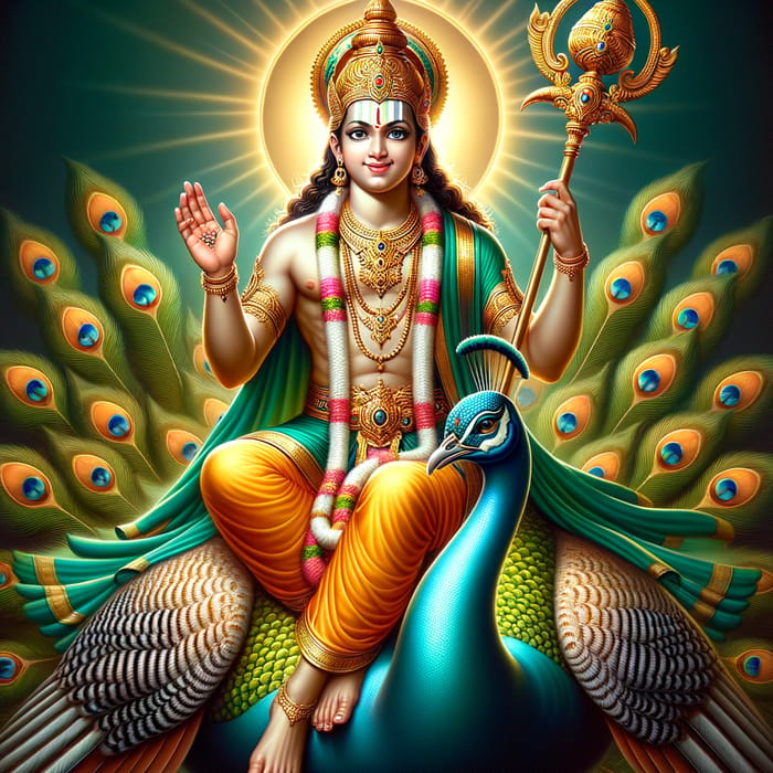 Lord Subramanya: Divine Spear-Wielding Deity on Peacock