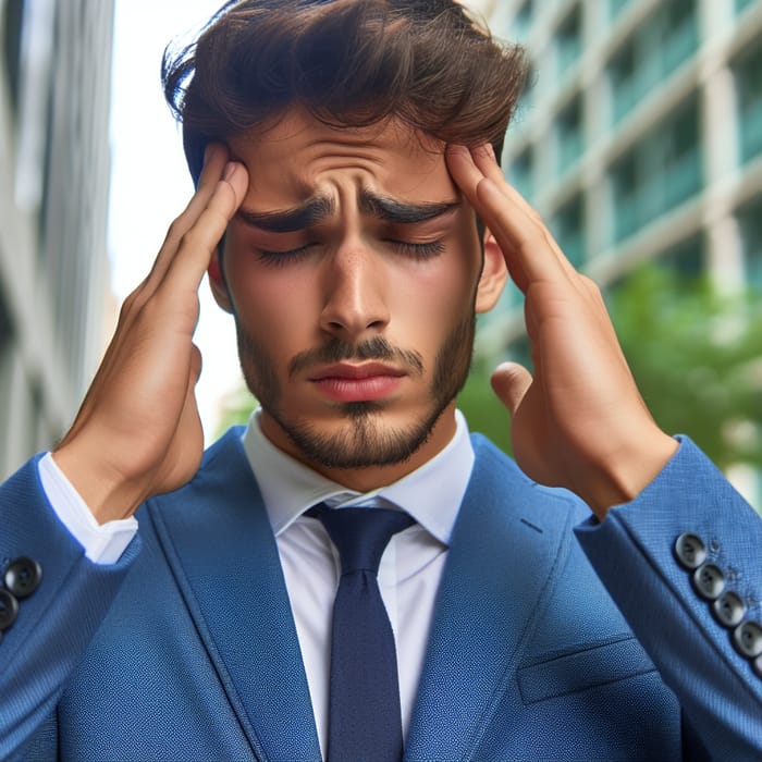 Young Man in Blue Business Suit with Head Spinning in Stress Mask