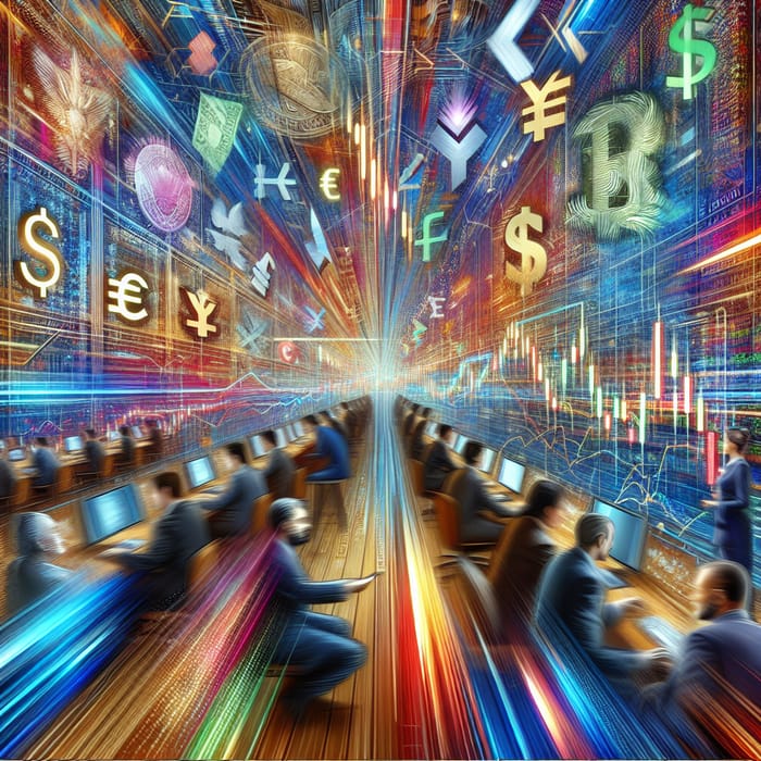 Vibrant Currency Exchange Market Art with Crypto Themes