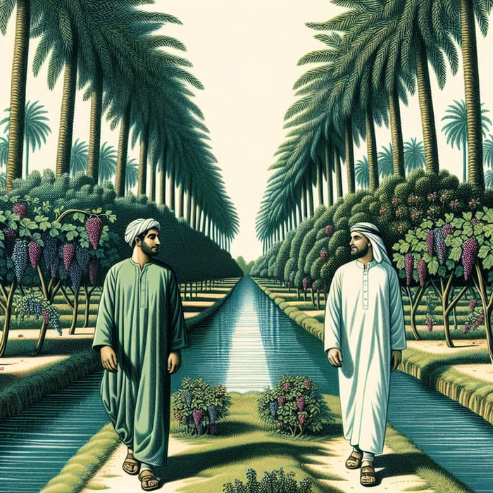 Men Walking Through Lush Gardens with Rivers