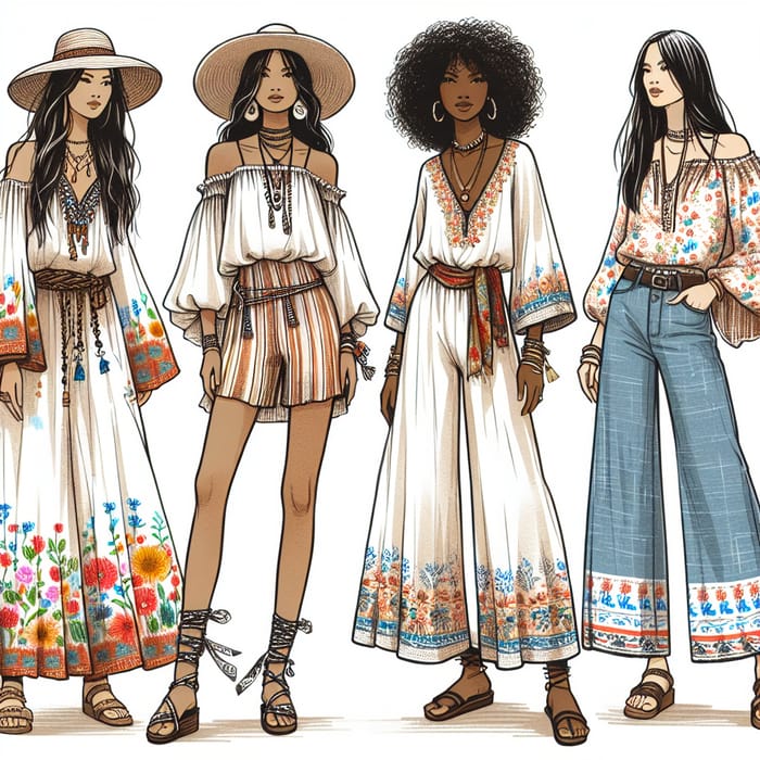 Boho Chic Women in Diverse Casual Outfits | Outdoor Fashion Illustration