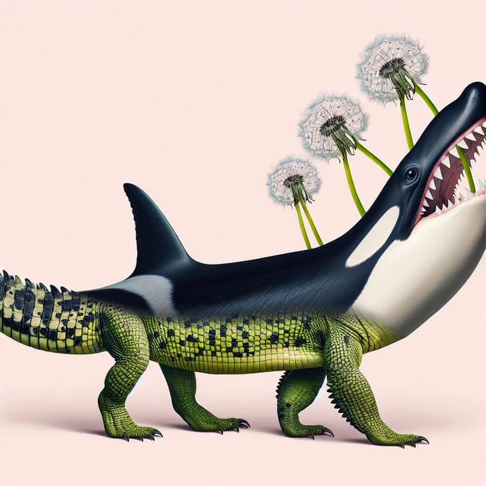 Surreal Hybrid Creature: Orca Head, Crocodile Legs, Shark Tail, Dandelion Teeth