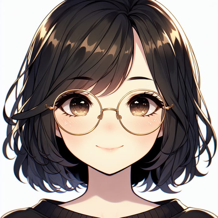 Asian-European Anime Girl with Chubby Cheeks, Short Hair & Gold Eyeglasses