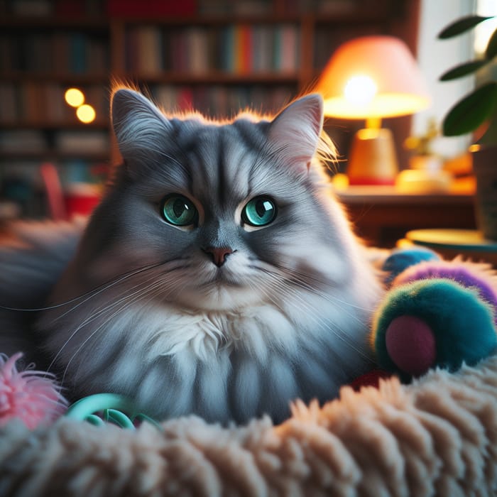 Beautiful Silvery Blue Fluffy Cat - Amazing Evening Shot