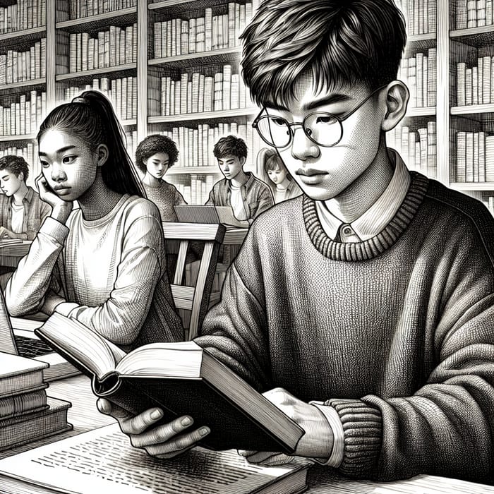 Serene Library Atmosphere: East Asian Teen Boy and Black Teen Girl Studying
