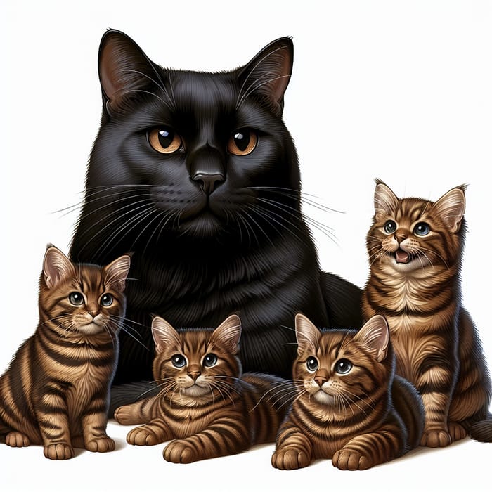 Dignified Black Cat & Four Adorable Brown Cats