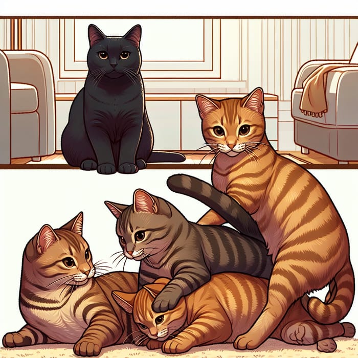 Adorable Black Cat Joins Four Striped Brown Cats