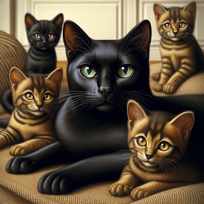 Cute Cat Family: Black Cat and Four Brown Stripey Kittens