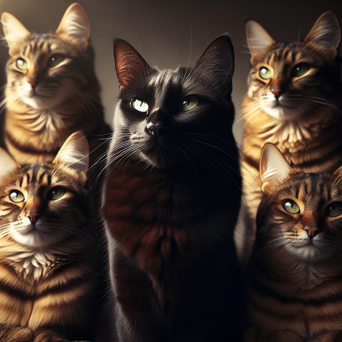 Majestic Black Cat with Four Brown Cats in Stripes