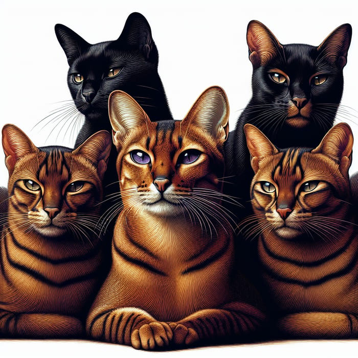 Black Cat Alongside Four Striped Brown Companions