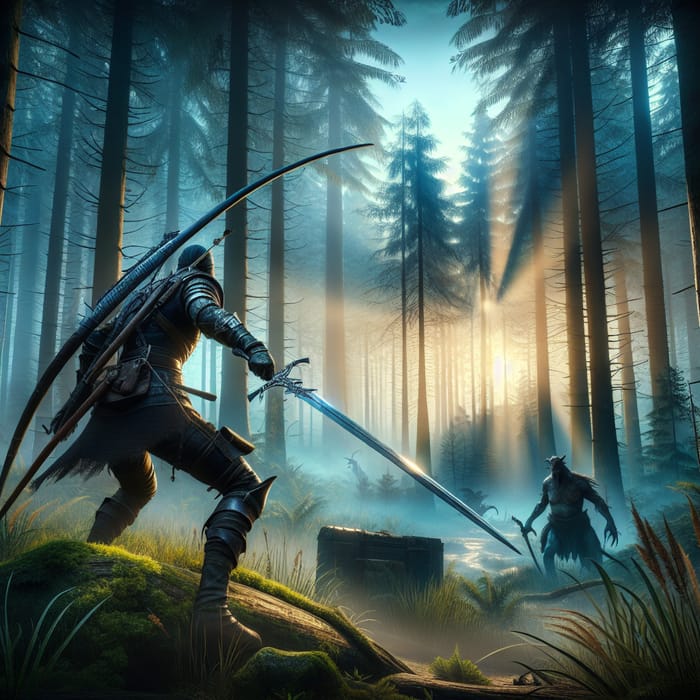 Epic Fantasy Warrior Hunt at Dawn: MMORPG-Inspired Art