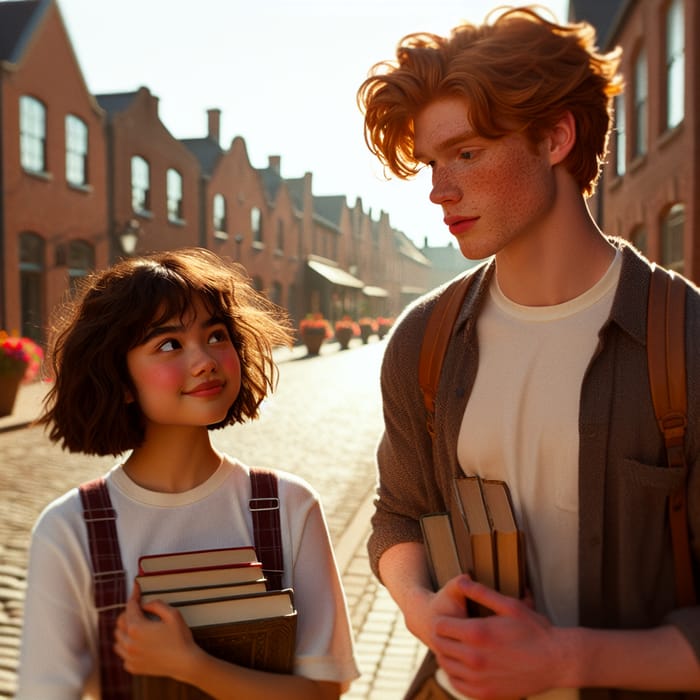 Short Hispanic Girl and Tall Red-Haired Guy with Books on Quiet Street