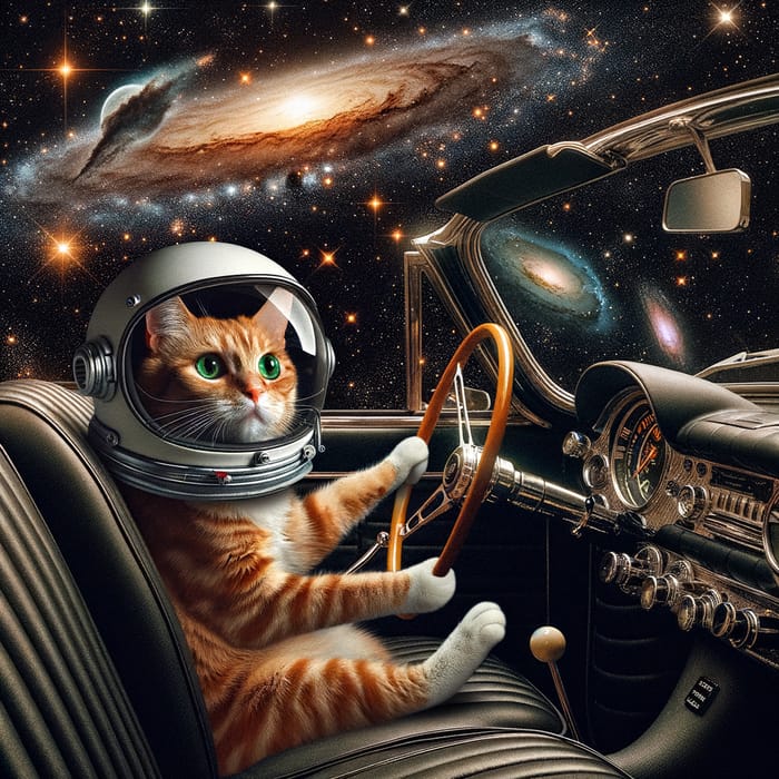 Cat driving car through space
