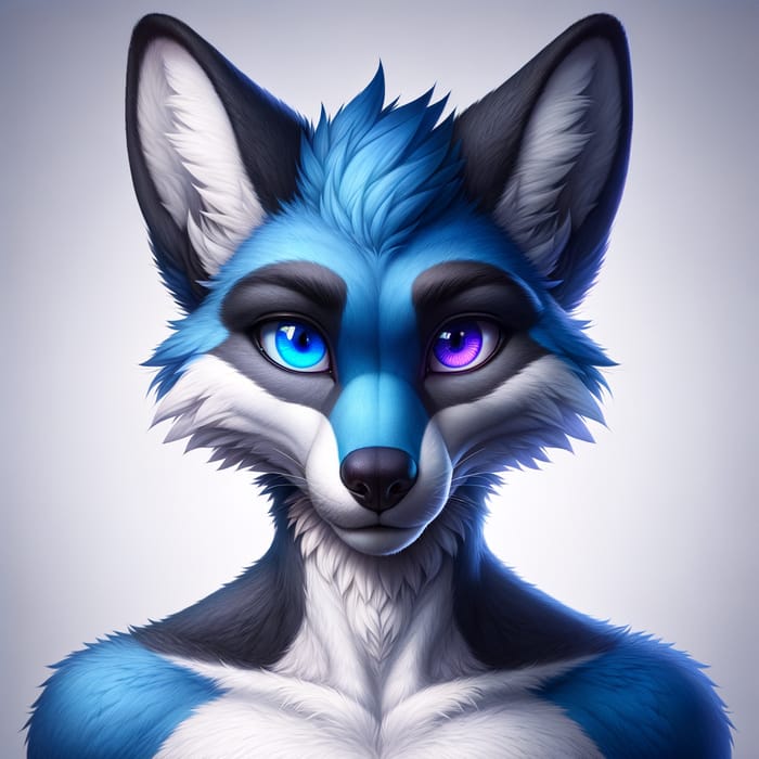 Male Fox Demi-Human with Unique Blue Fur and Heterochromatic Eyes