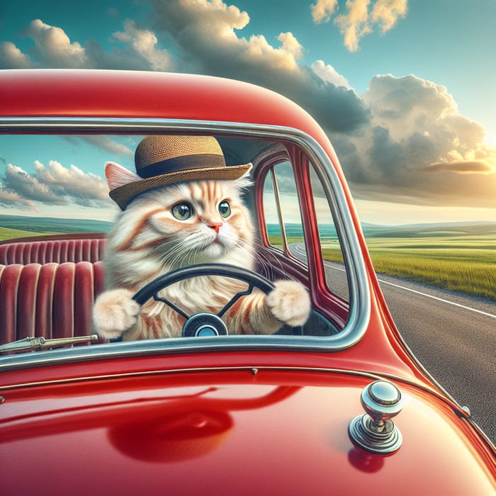 Whimsical Cat Cruising in Vintage Car | Open Road Adventure