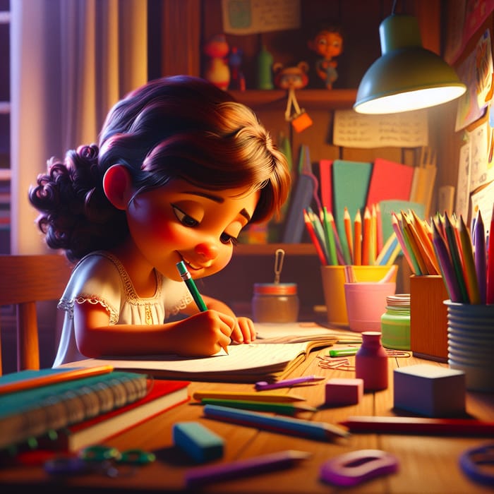 Young Hispanic Girl Studying with Colorful Stationery | Animated Schoolwork