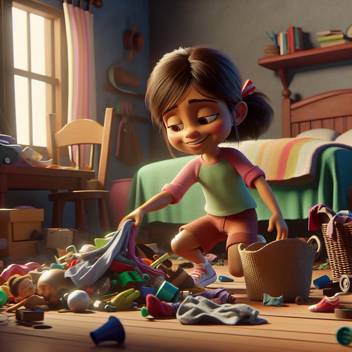 Happy Young Hispanic Girl Tidies Messy Room in Vibrant Pixar Animation
