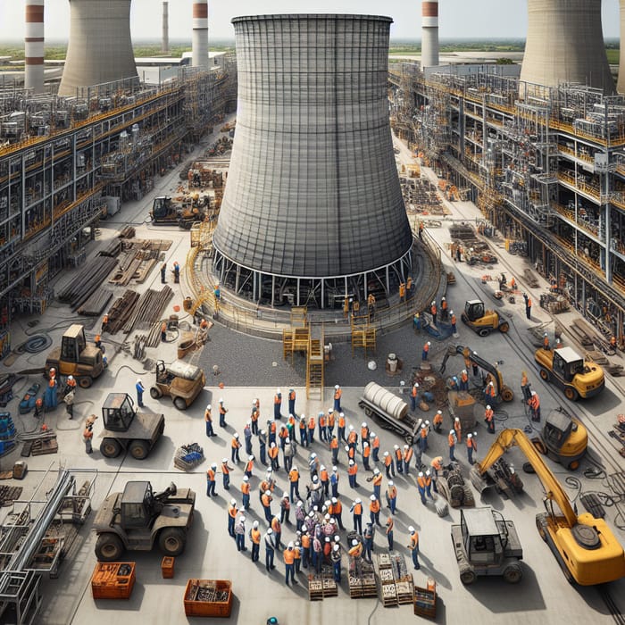 Bustling Industrial Process with Diverse Workforce and Cooling Tower
