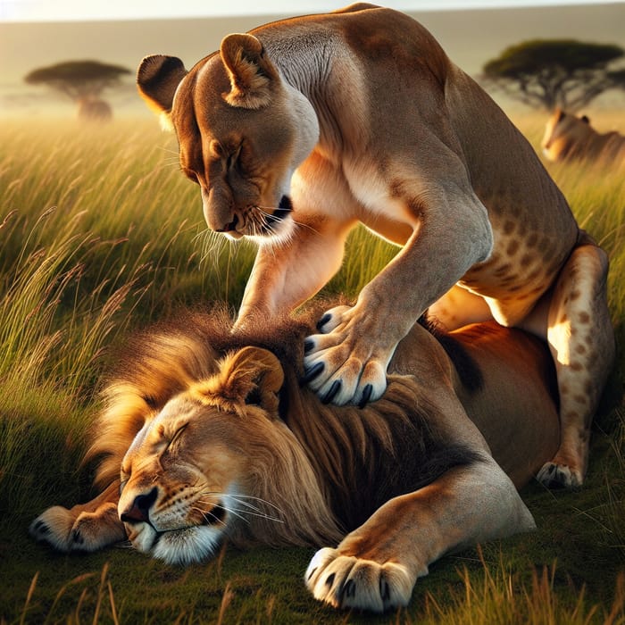 Lioness Gently Massaging Lion on Serene Grassland