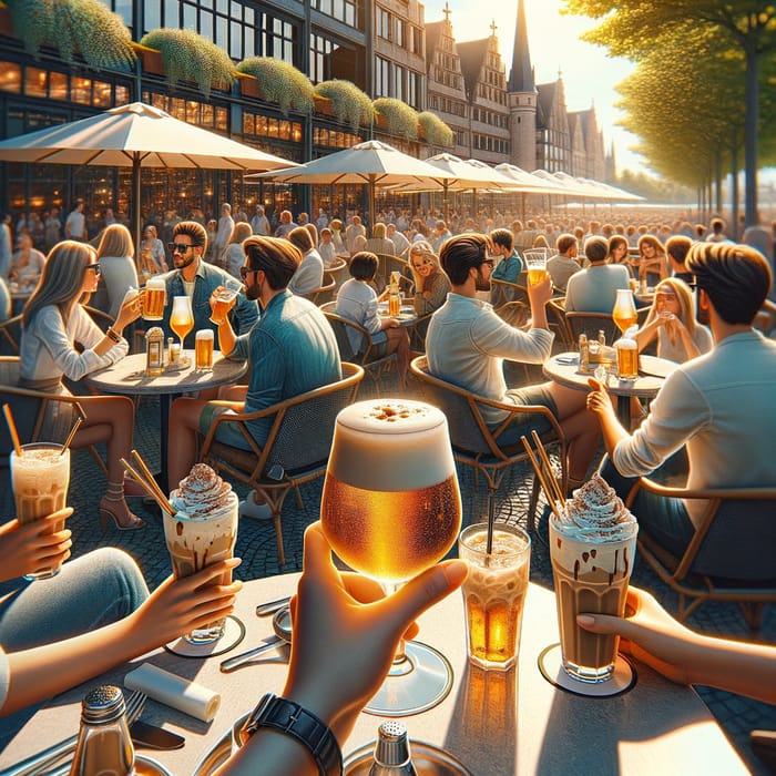 Summer Café in Düsseldorf: Vast Outdoor Terrace, People Enjoy Beer and Cold Coffee Drinks