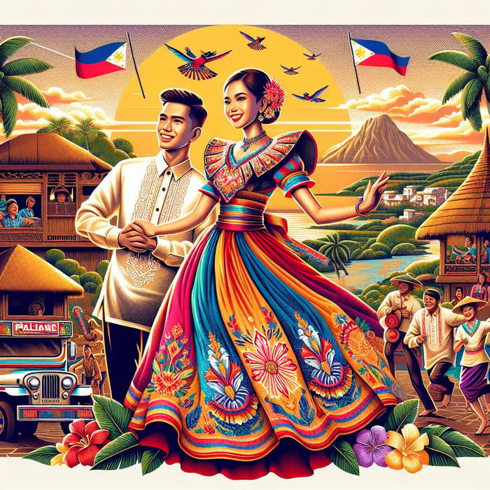 Traditional Filipino Attire: Maria Clara Dress & Barong Tagalog Illustration