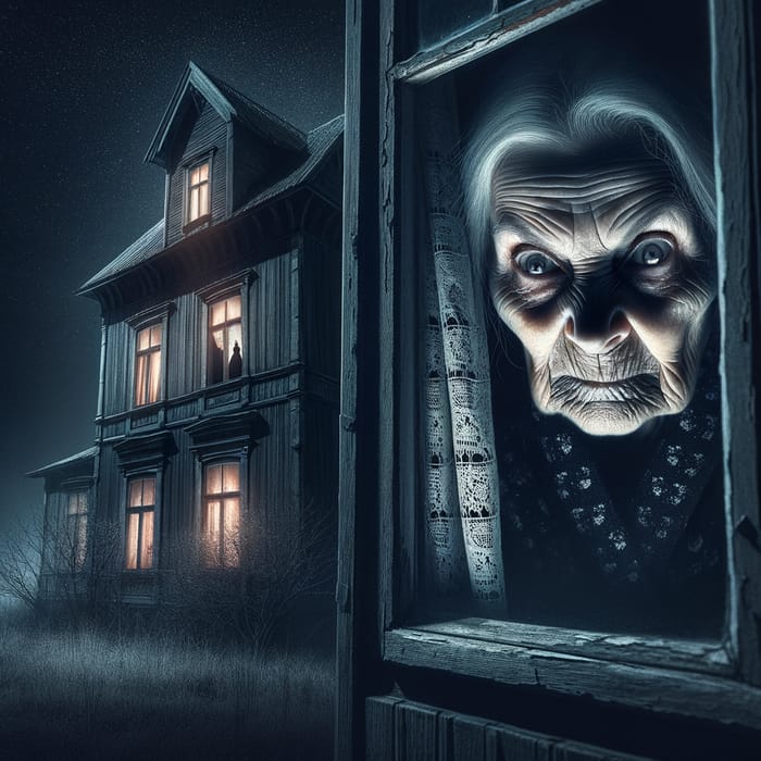 Elderly Lady Gazing Out of Abandoned House at Night