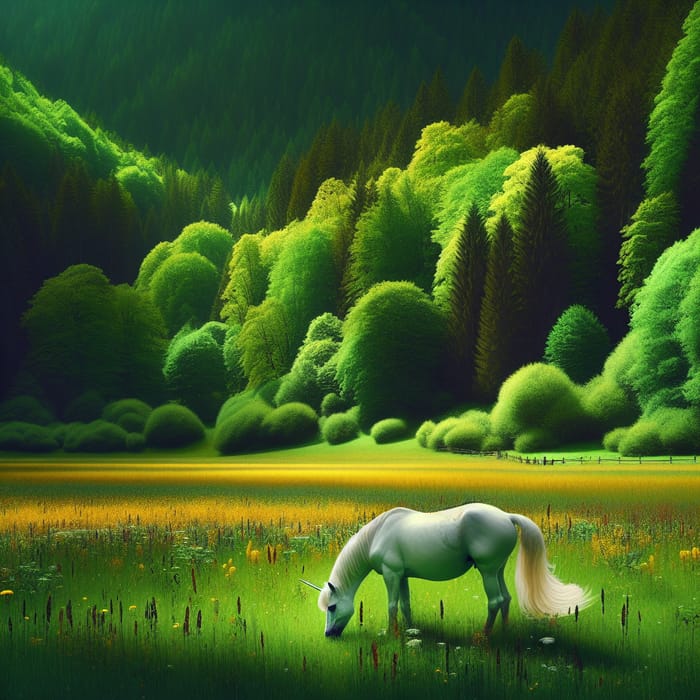 Vibrant Meadow with White Unicorn - Rainbow Mane and Enchanting Forest