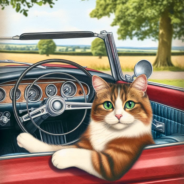 Charming Cat Driving Vintage Red Car in Serene Field