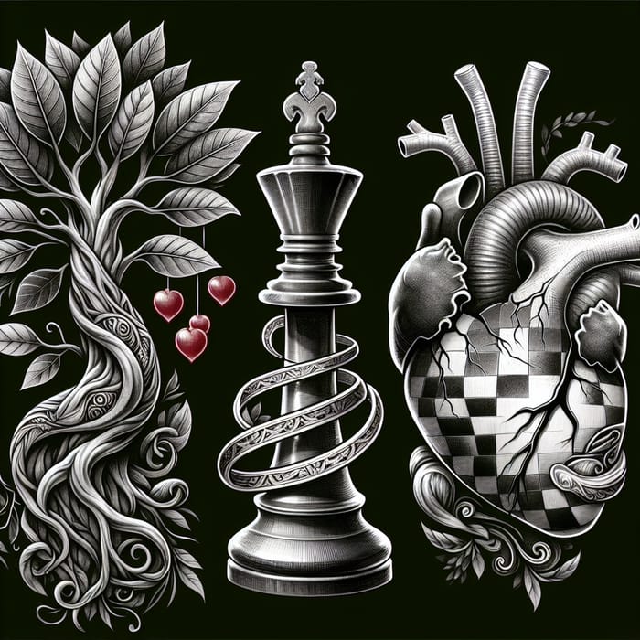 Concept Tattoo Design: Tree, Chess King, Human Heart - Symbolism of Rebirth