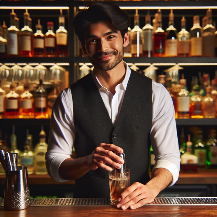 Experienced South Asian Bartender Mixing Colorful Cocktails