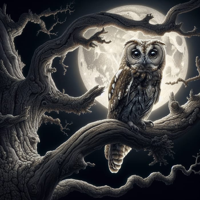 Mysterious Owl Perched on Weather-Worn Tree at Night