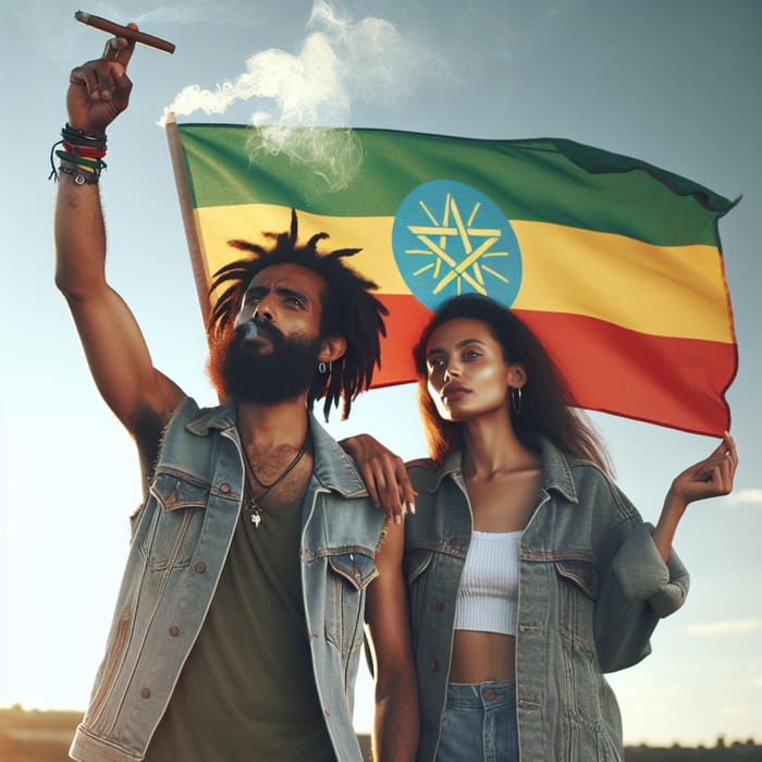 Hispanic Man and Black Woman Smoking Cigars with Ethiopian Flag at Sunset