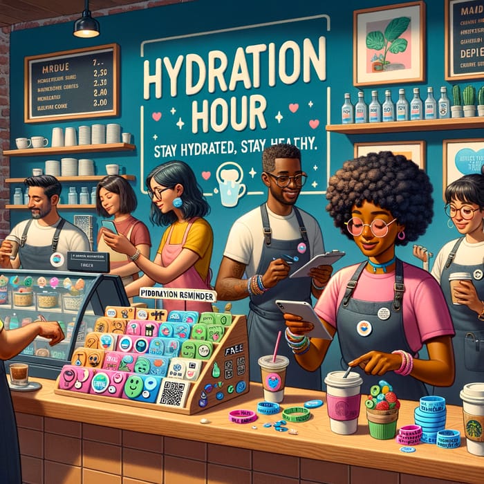 Hydration Hour at Vibrant Cafe: Colorful Reminders & Wristbands