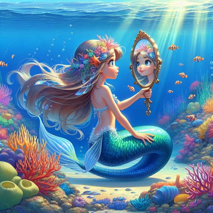 Mermaid Looking at Mirror in Ocean