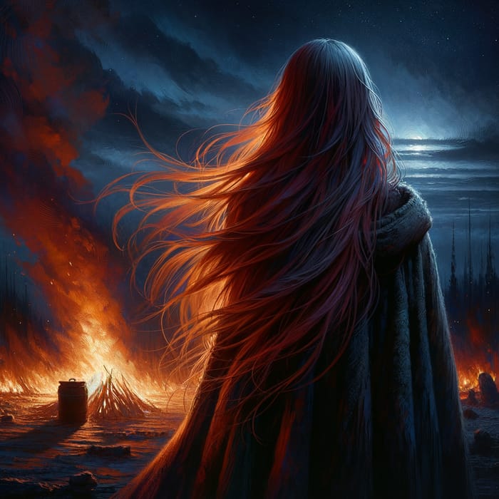 Mysterious Girl in Cloak by Fiery Night Fire