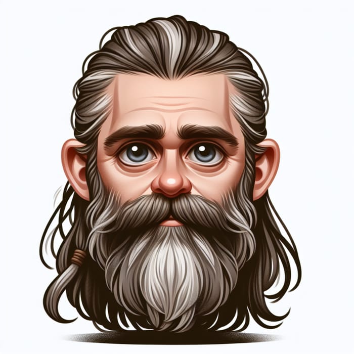 Exaggerated Caricature of a Long-Haired Man with Greying Beard