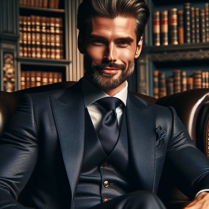 Rich Mid-40s Caucasian Man in Opulent Suit | Luxurious Home Library