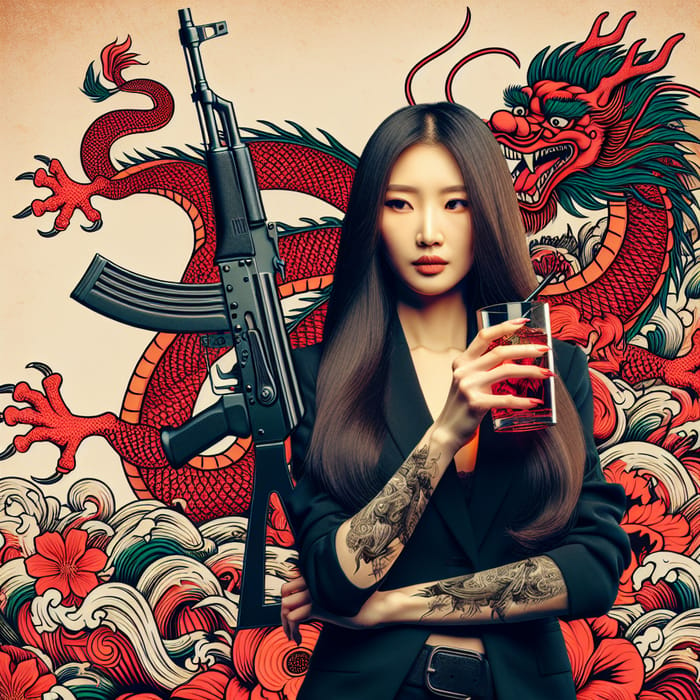 Defiant Chinese Woman Facing Dragon with AK47