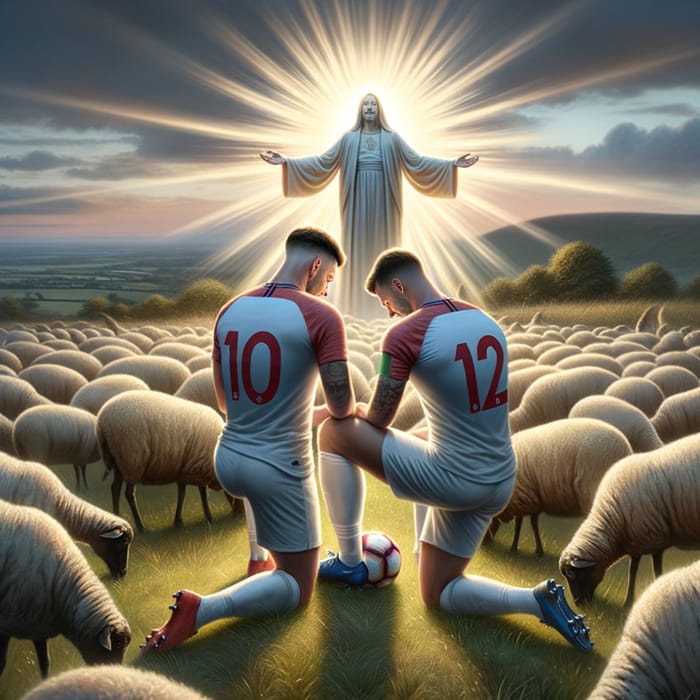 Messi and Ronaldo Kneeling Before Jesus in a Flock of Sheep