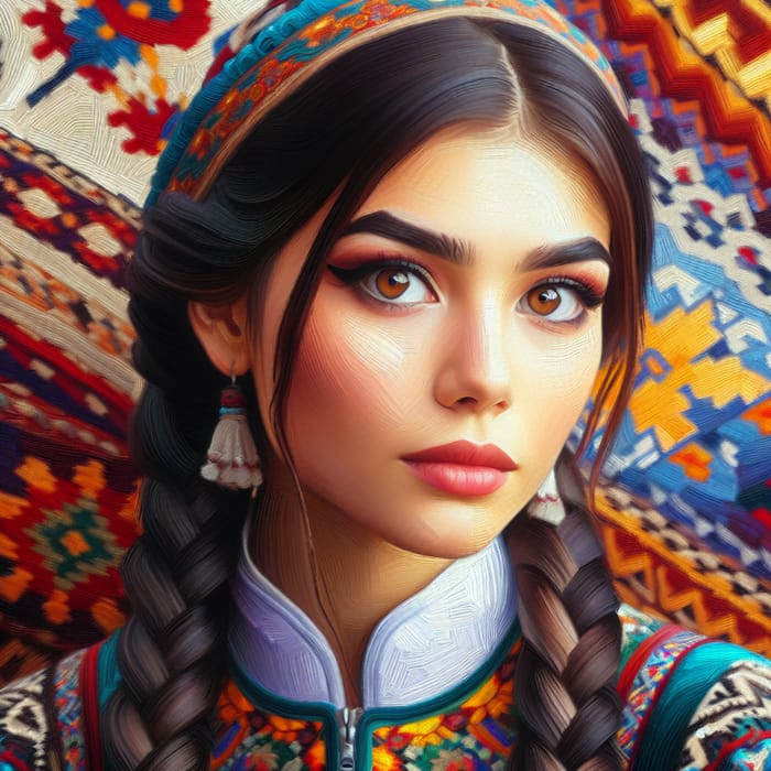 Tajik Girl Oil Painting | Vibrant Traditional Dress & Braids