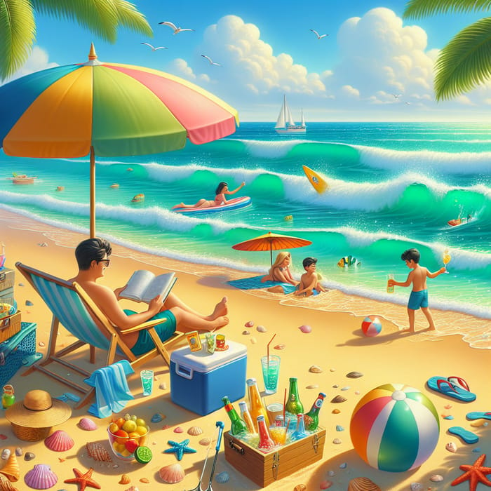 Drawing of Summer Beach: Seashells, Umbrella & Beach Activities