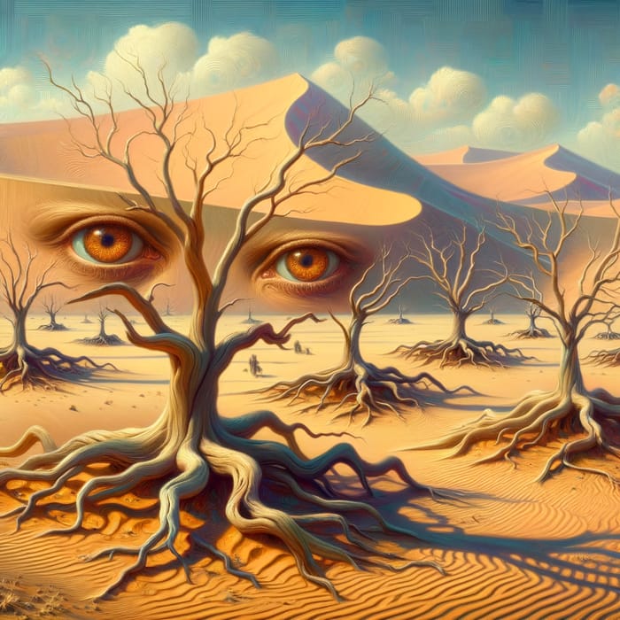 Surreal Karakum Desert Landscape with Melted Eyes and Dunes