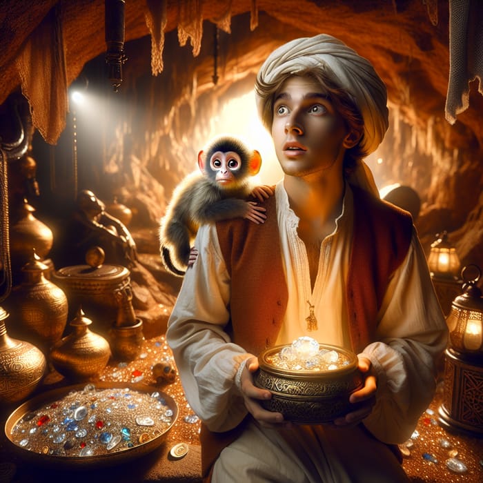 Aladin and Abu Explore Cave for Treasures
