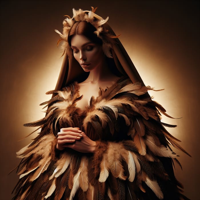 Divine Serenity: Mother Mary in Elegant Brown Feathers
