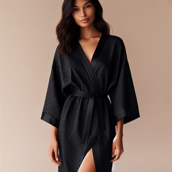Black Kimono Robe in Waffle Weave Fabric | 3/4 Sleeves | Midi Length