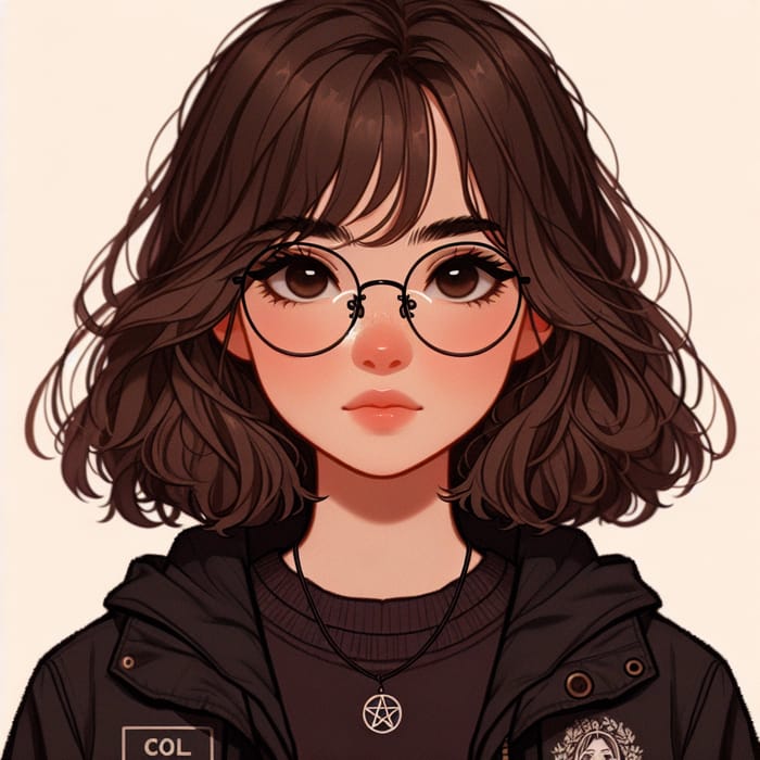 Dark Brown Hair Girl with Wavy Ends and Round Glasses