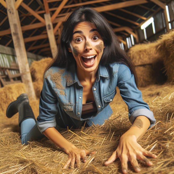 Hispanic Woman Falls into Horse Manure in Barn