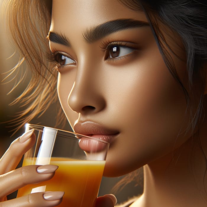 Close-Up of South Asian Woman Sipping Orange Juice in Hyper-Realistic 4K