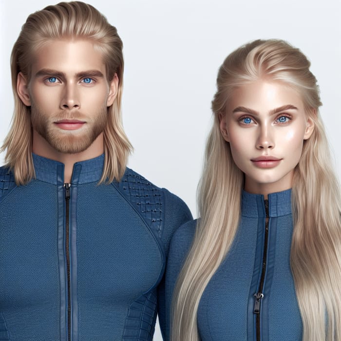Nordic Couple with Blonde Hair and Blue Eyes in Form-Fitting Blue Outfits - A Captivating Image