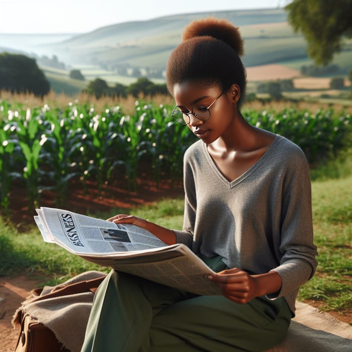 Young Black Female Reading Business News in Rural South Africa